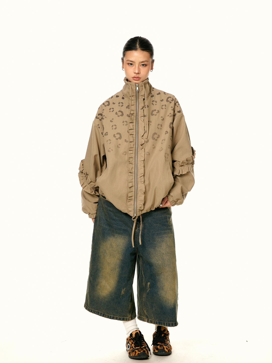 Retro Leopardenmuster Stehkragenjacke 