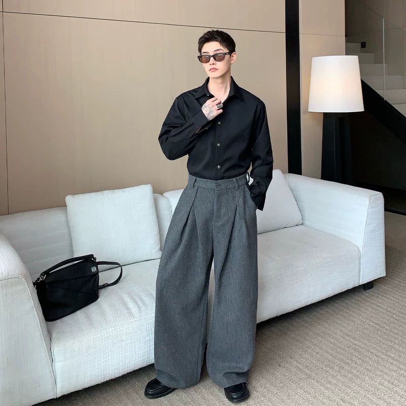 Plissé Wol Wijde Rechte Broek 