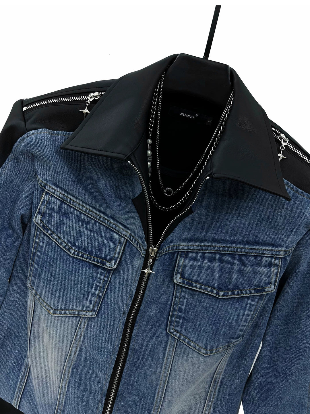 Leather Denim Contrast Short Jacket