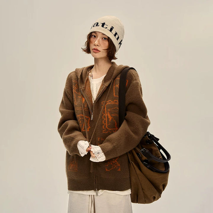 Cárdigan de punto con capucha y cremallera retro 