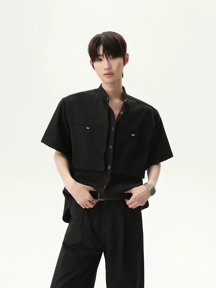 Stand Collar Double Pocket Short Sleeve Shirt