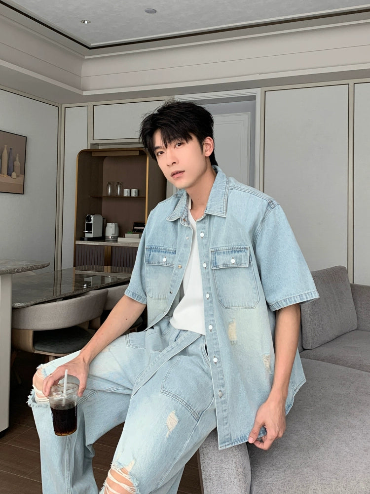 Denim Kurzarmhemd und Hosen Set 