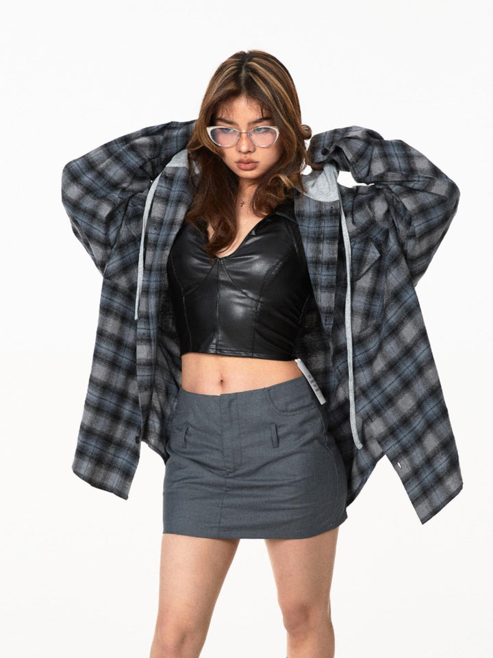 Plaid Hooded Loose Fit Jacket