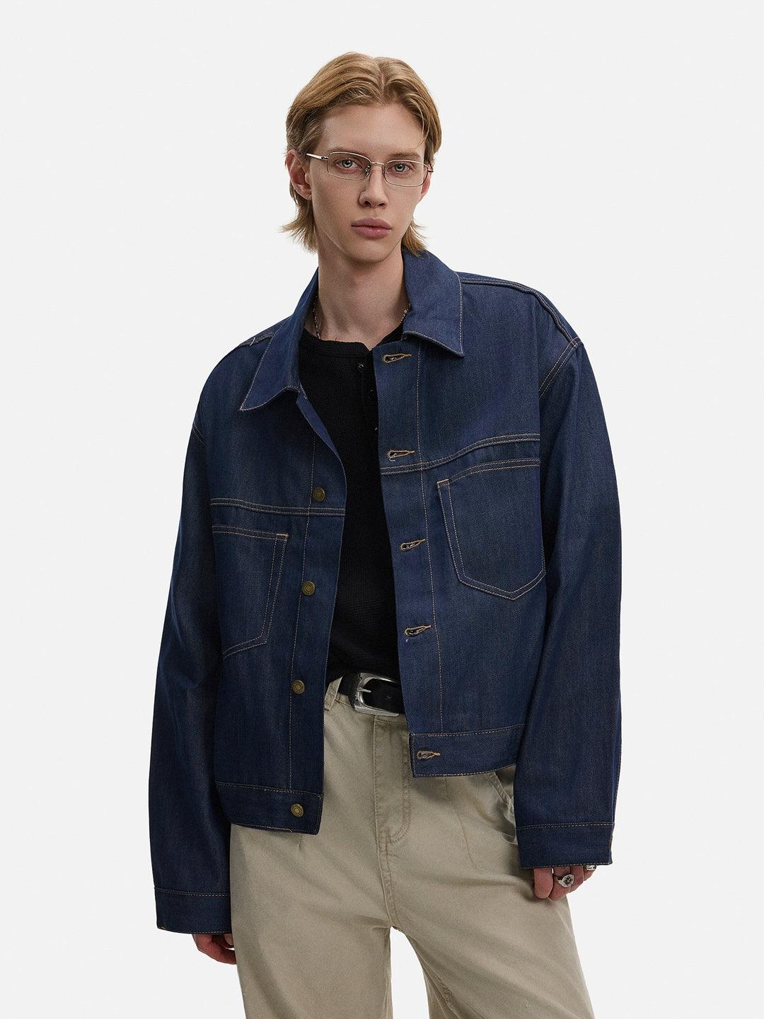 Veste à revers en denim brut à coupe ample 