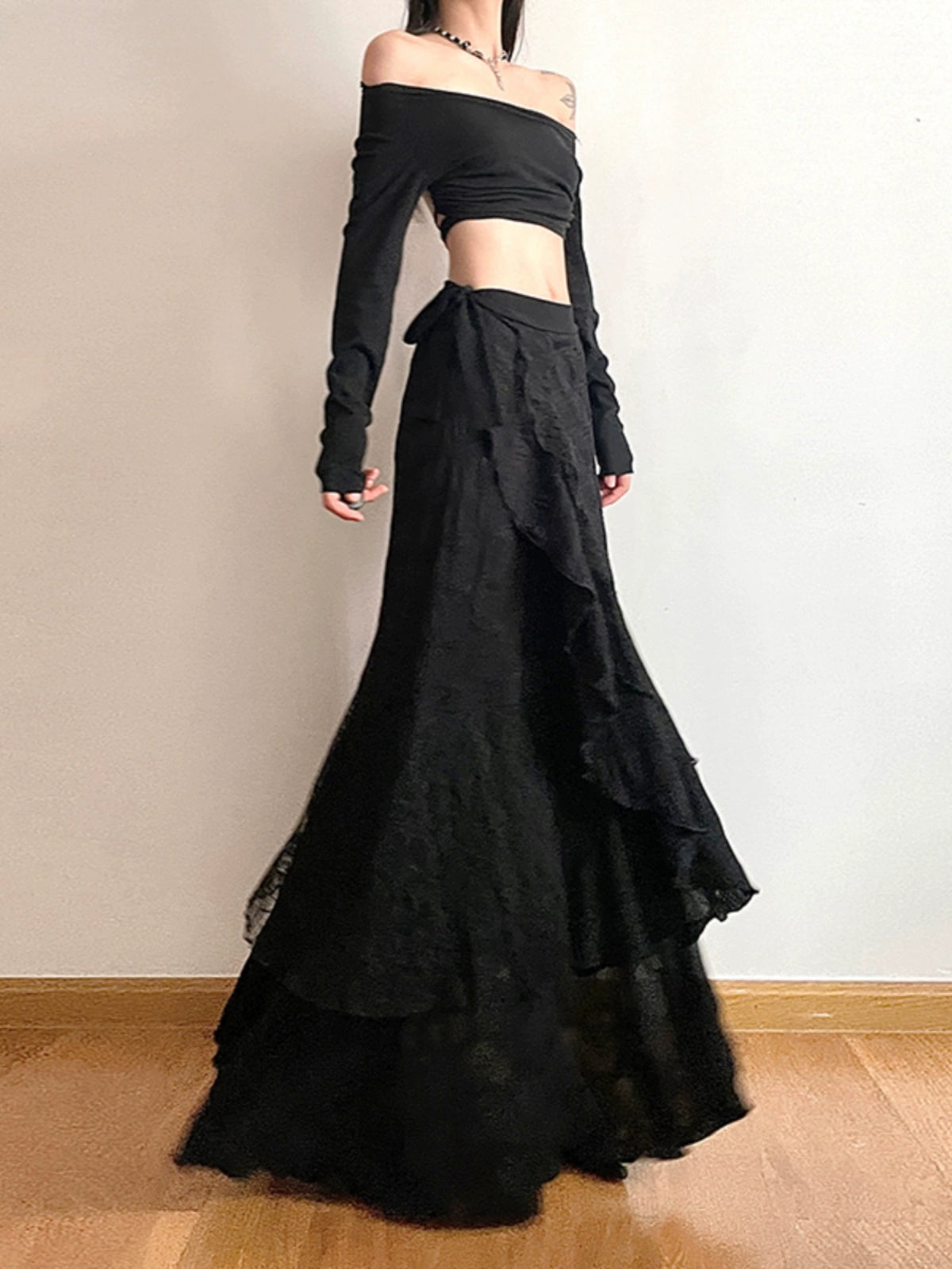 Ruffled High Waist Long Skirt