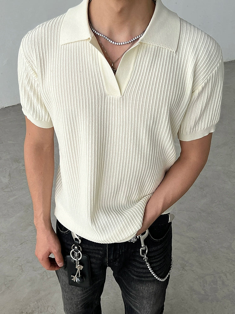 Textured Knitted Lapel Polo Shirt