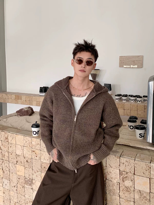 編み物ジップフードカーディガンセーター 