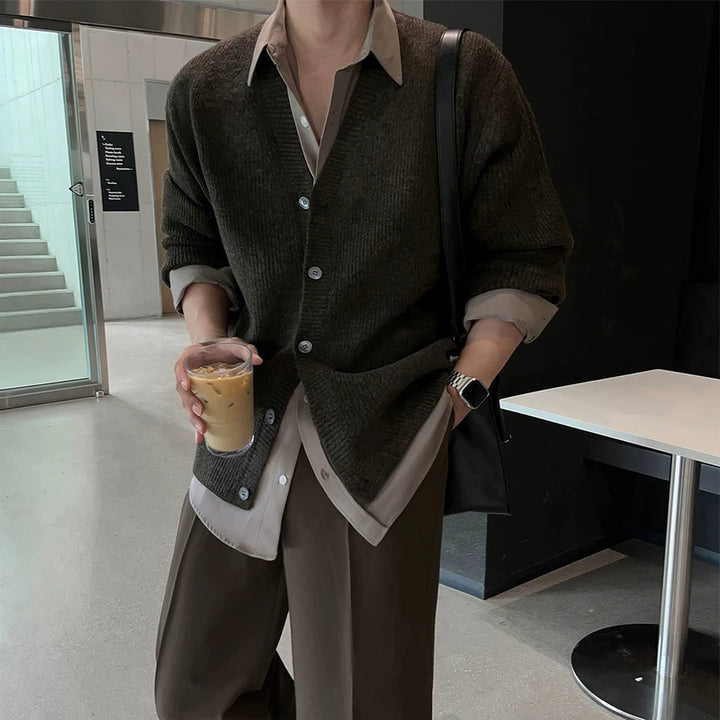 V-ringad stickad avslappnad passform kofta 