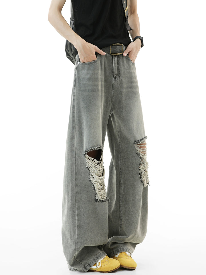 Ripped Washed Wide-Leg Straight Pants