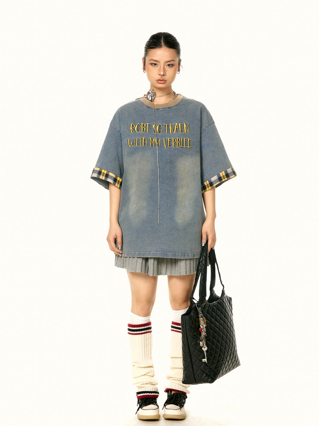 Plaid Splicing Embroidered T-shirt