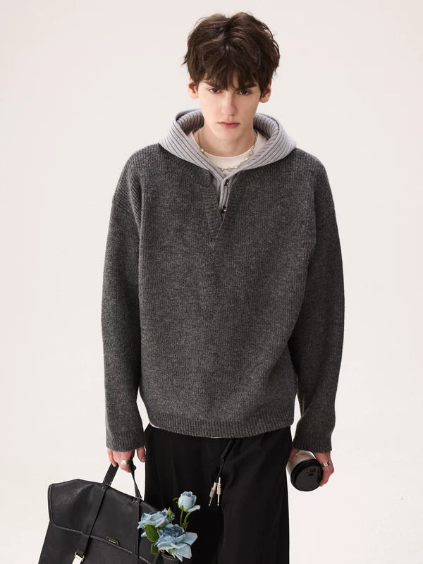 두꺼운 플리스 가짜 레이어드 후드 스웨터 