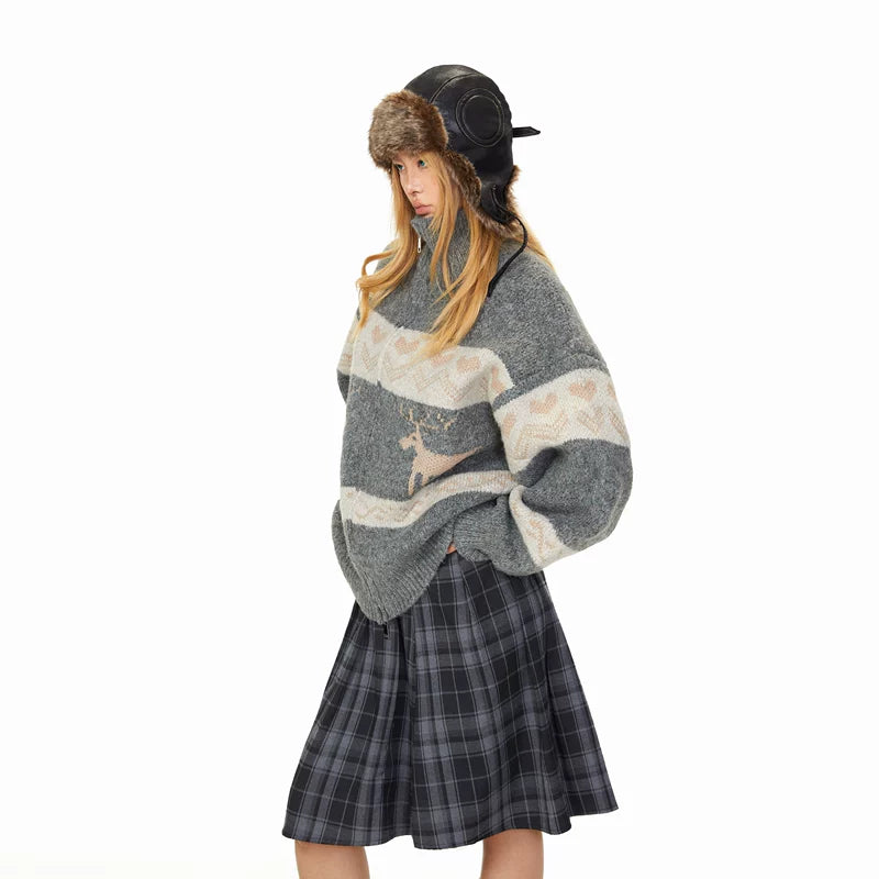 Reindeer Jacquard Stand Collar Knit Cardigan