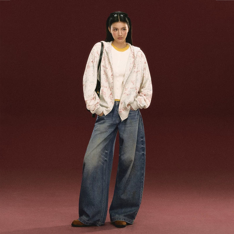Retro Washed Wide Leg Jeans (No Belt Included）