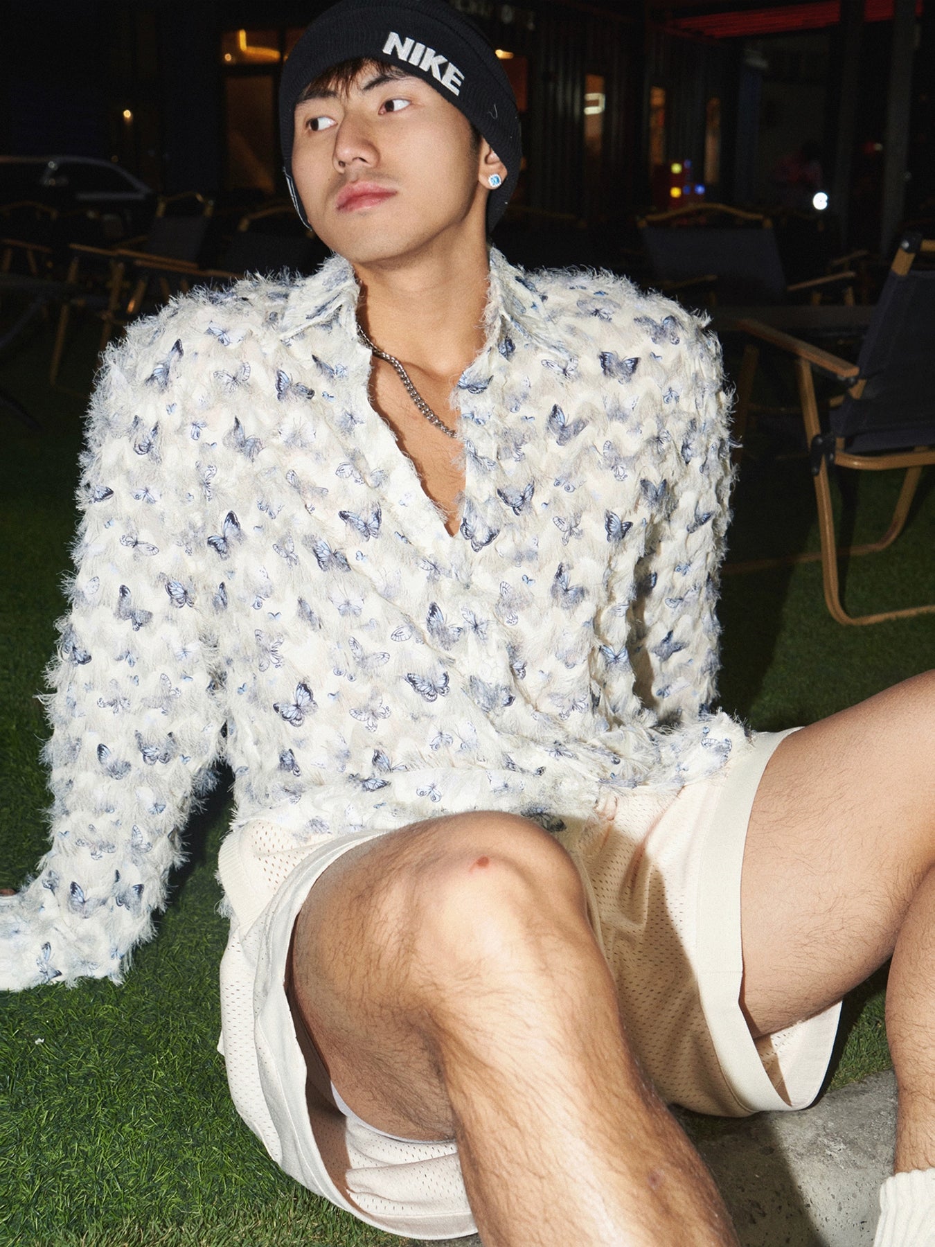 Schmetterlingsdruck Texturiertes Langarmhemd 