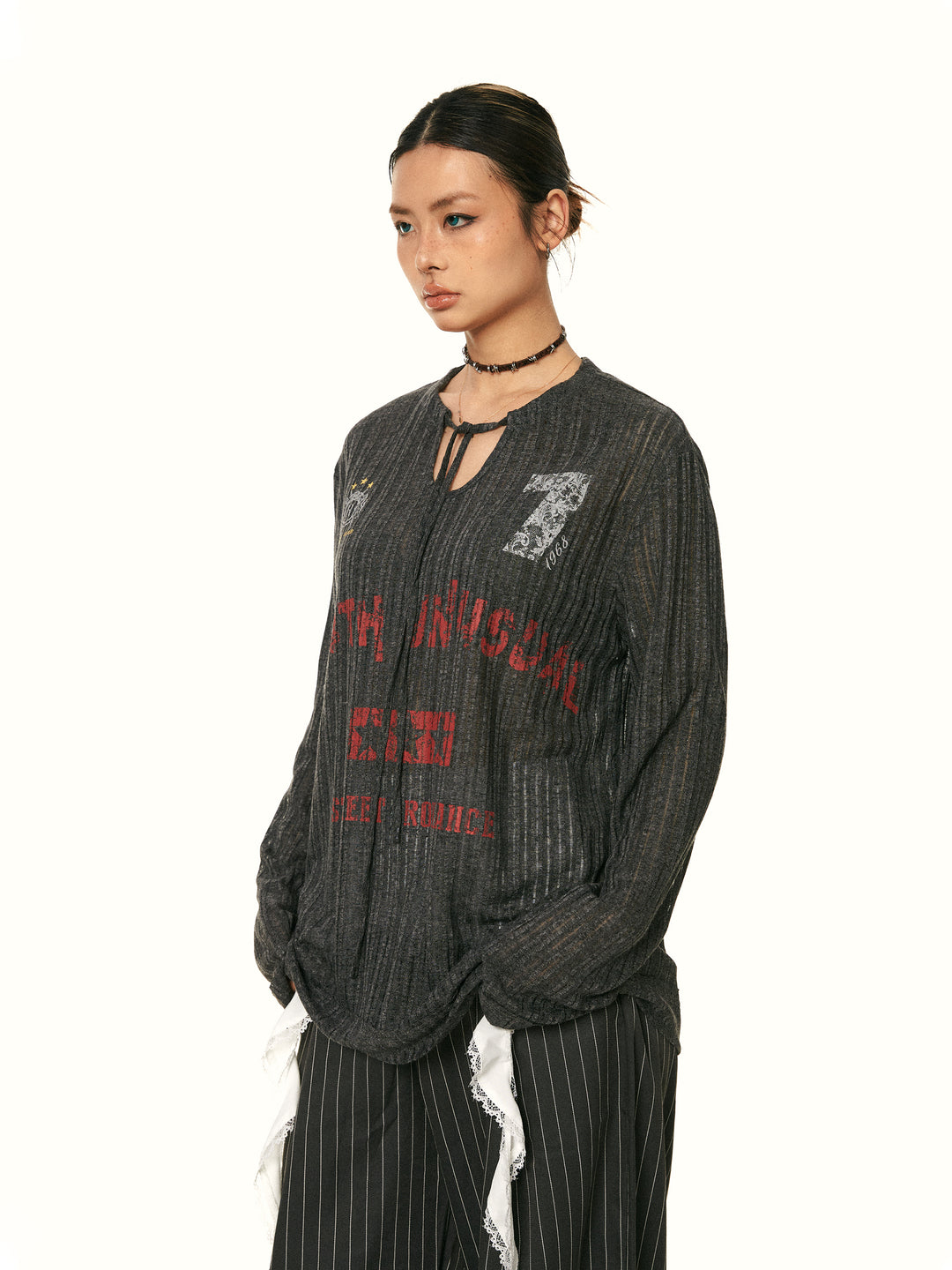 V-Neck Letter Print Knit Blouse