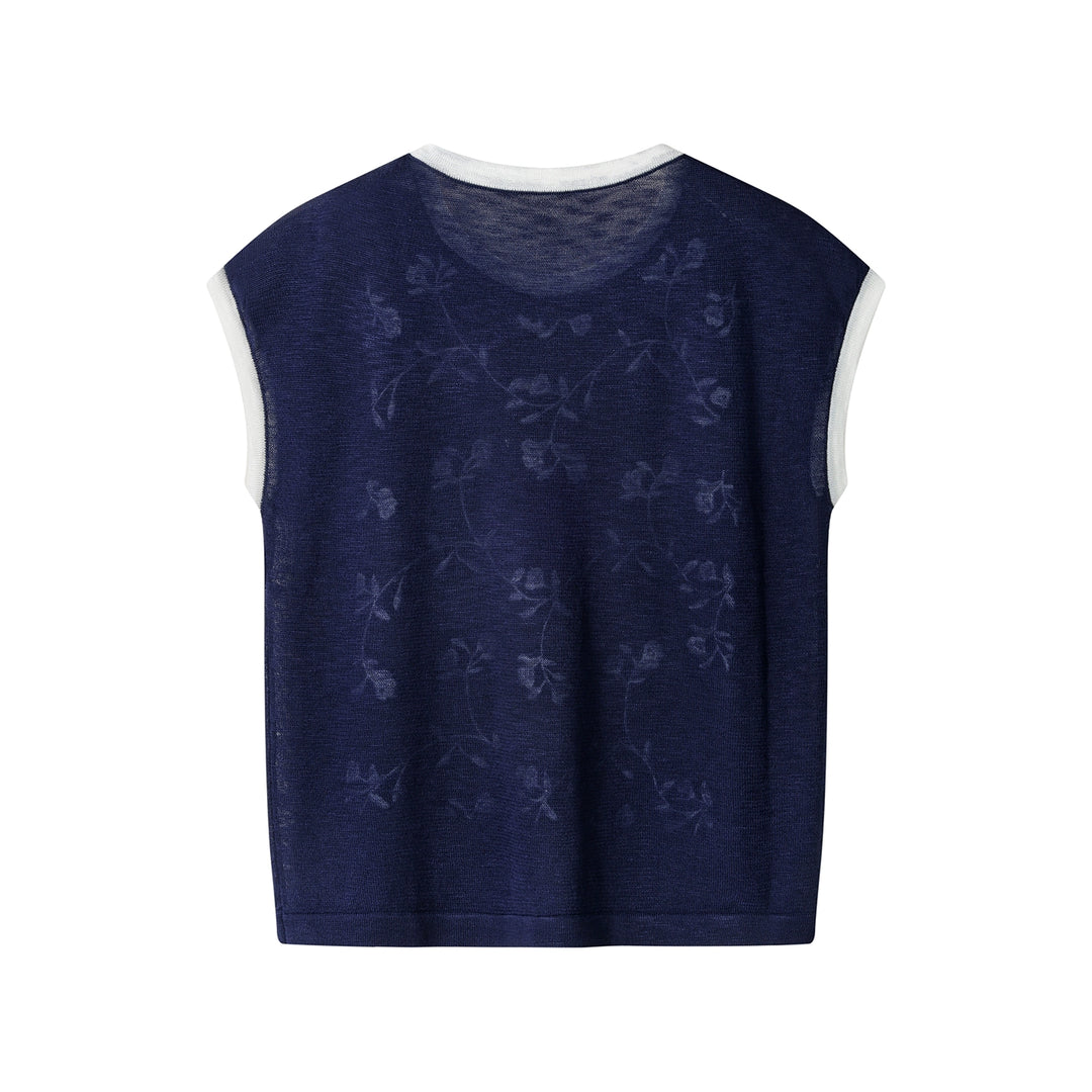 Embroidered Sleeveless Knit Round Neck Top