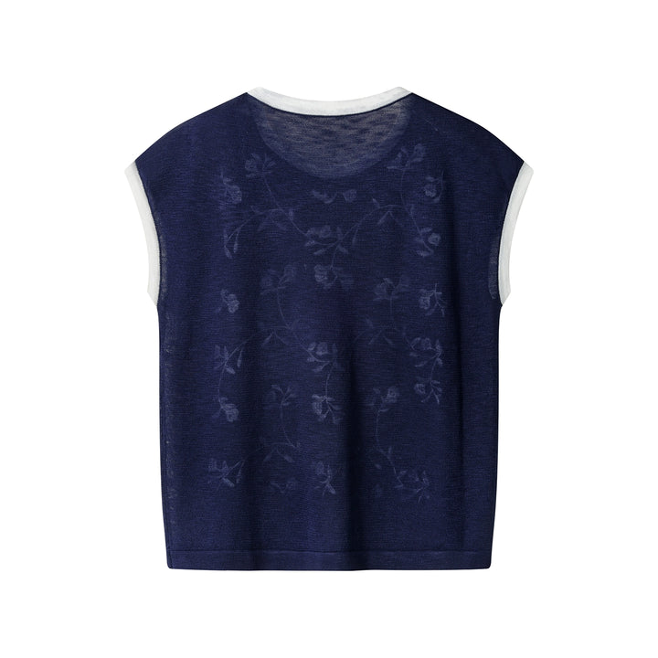 Embroidered Sleeveless Knit Round Neck Top
