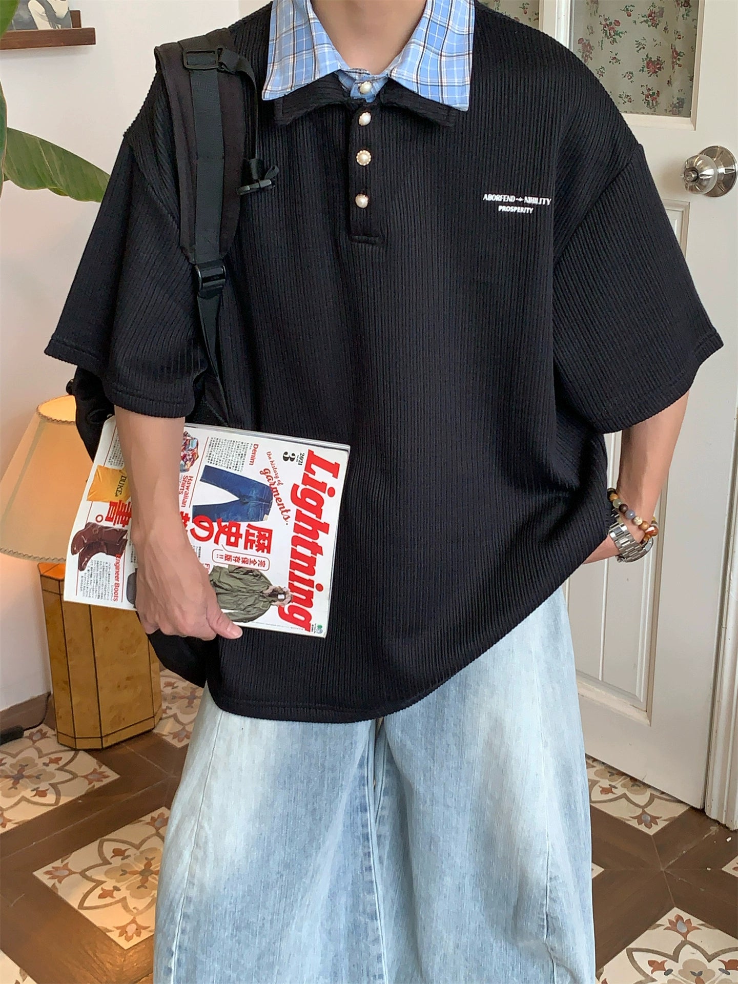 Ribbed Pearl Düğmeli Kısa Kollu Yüksek Yaka 