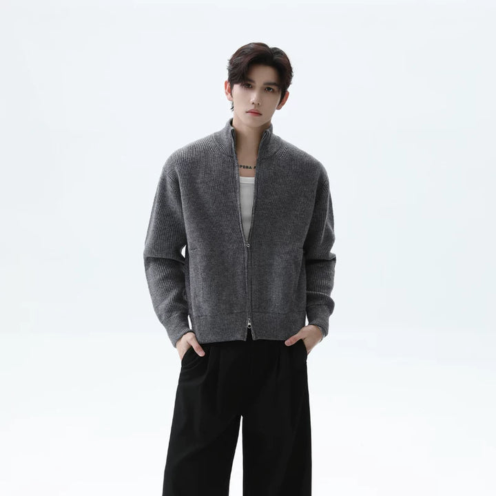 Double Zipper Stand Collar Wool Cardigan