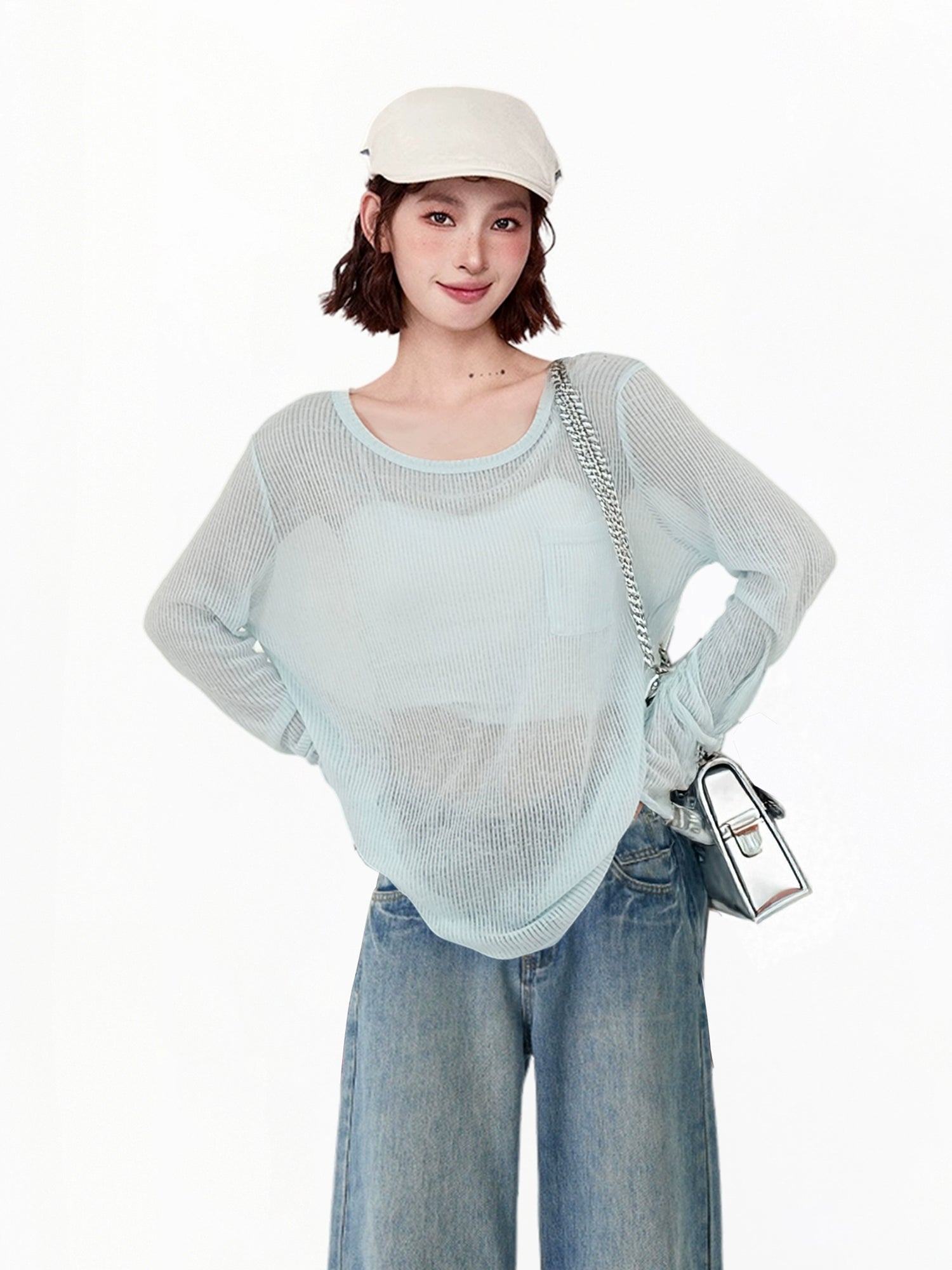 Hohles Stricknetz Lockere SonnenSchutz Oberteil 