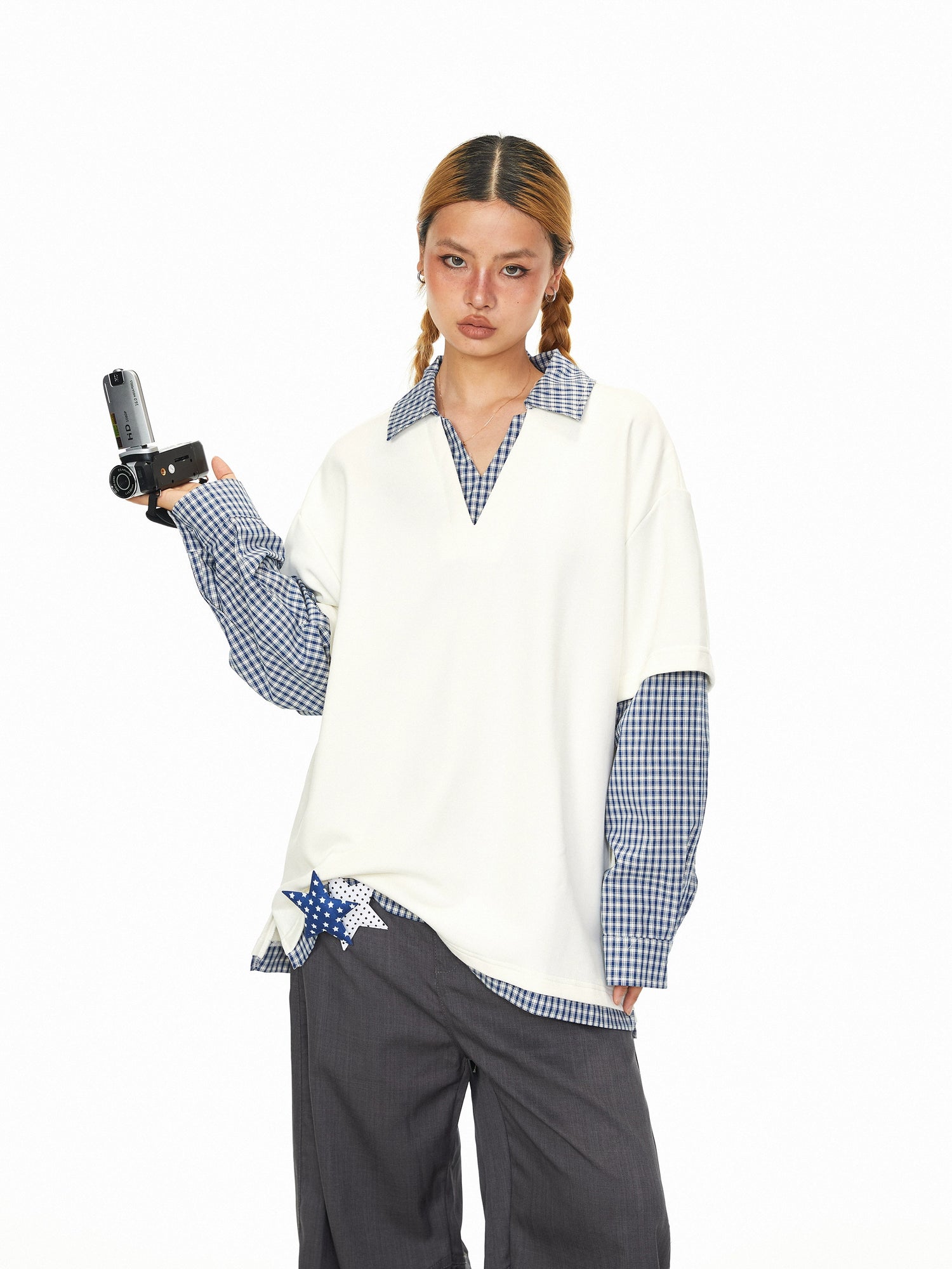 طقم هودي ذو قطعتين مع ياقة بتصميم مربعات باللون الكاروه 