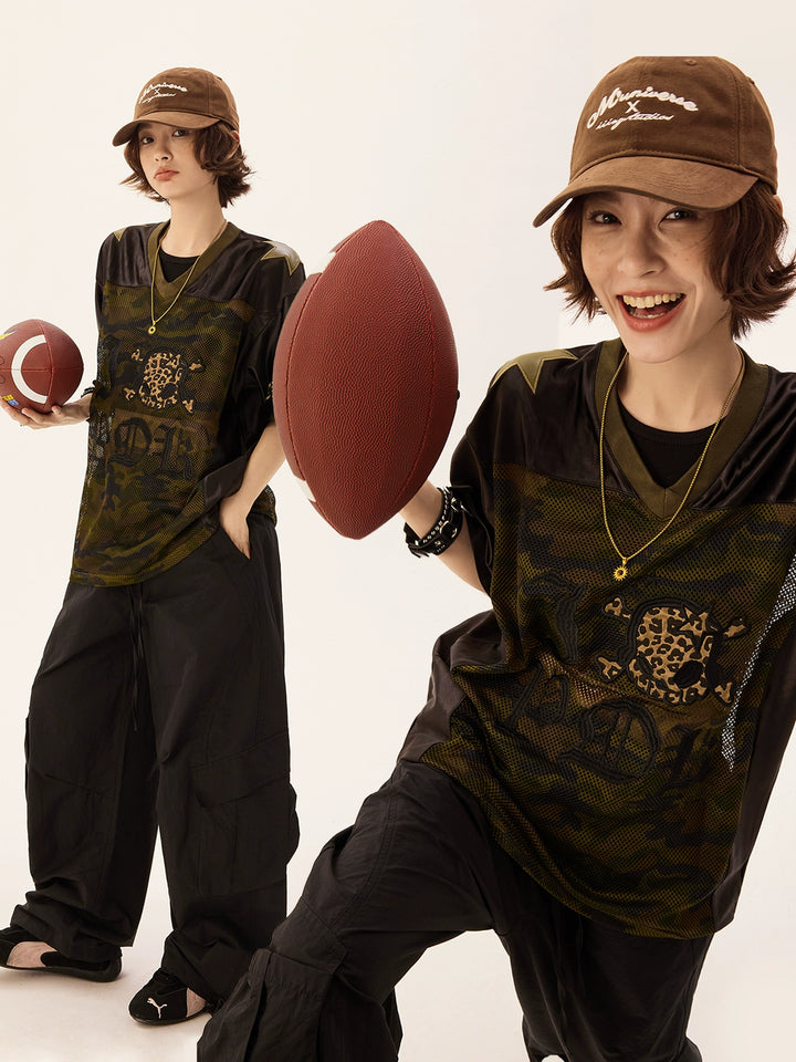 Retro Mesh V-Neck Leopard Skull Jersey T-Shirt