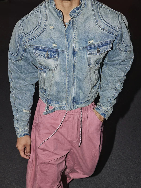 Chaqueta de mezclilla corta de patchwork pesada y lavada 