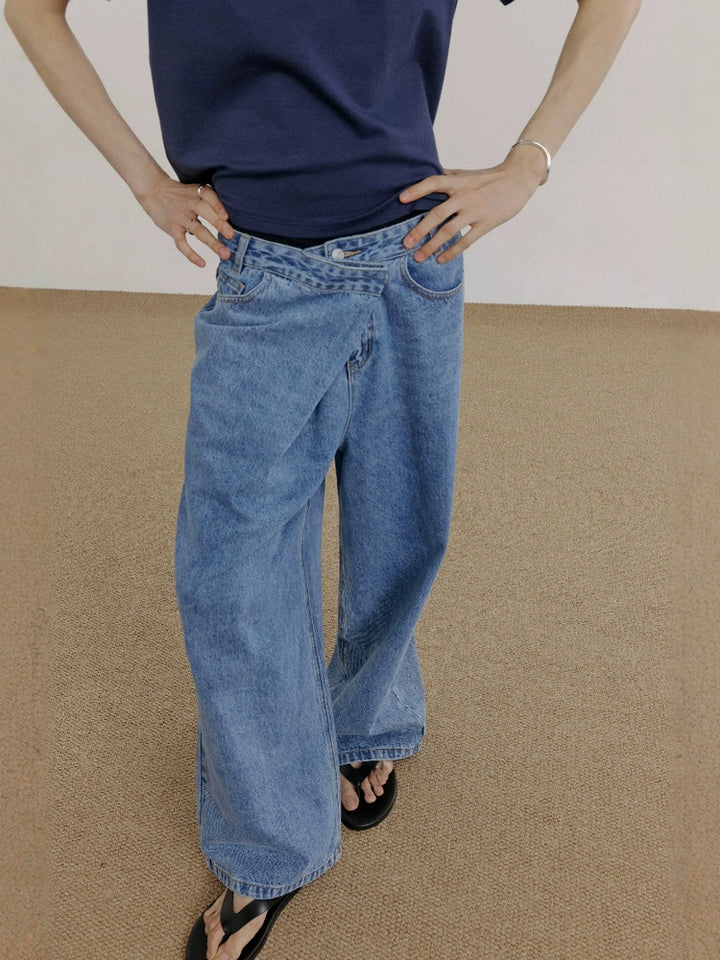 Wide Leg Slant Placket Jeans