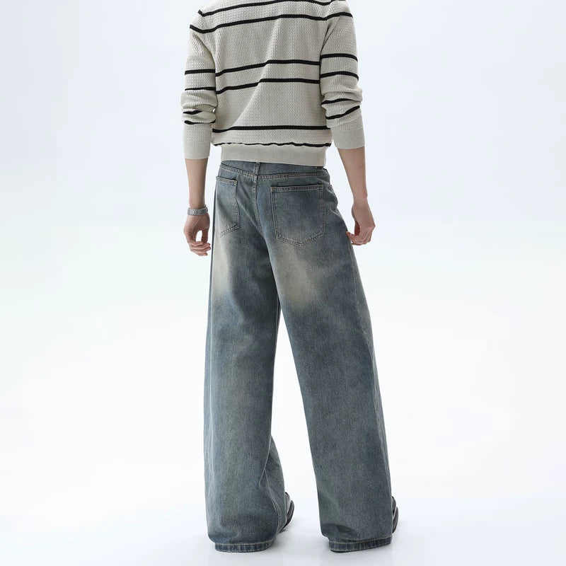 Distressed Washed Wide-Leg Straight Jeans