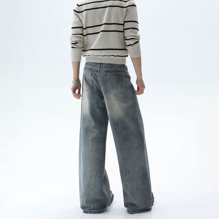 Distressed Washed Wide-Leg Straight Jeans