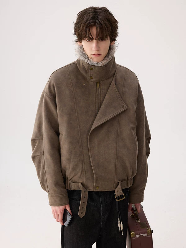 Chaqueta de plumas asimétrica con cuello de piel sintética 