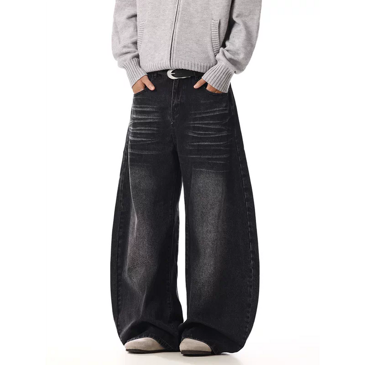 고통받는 와이드 레그 레트로 워시드 진 