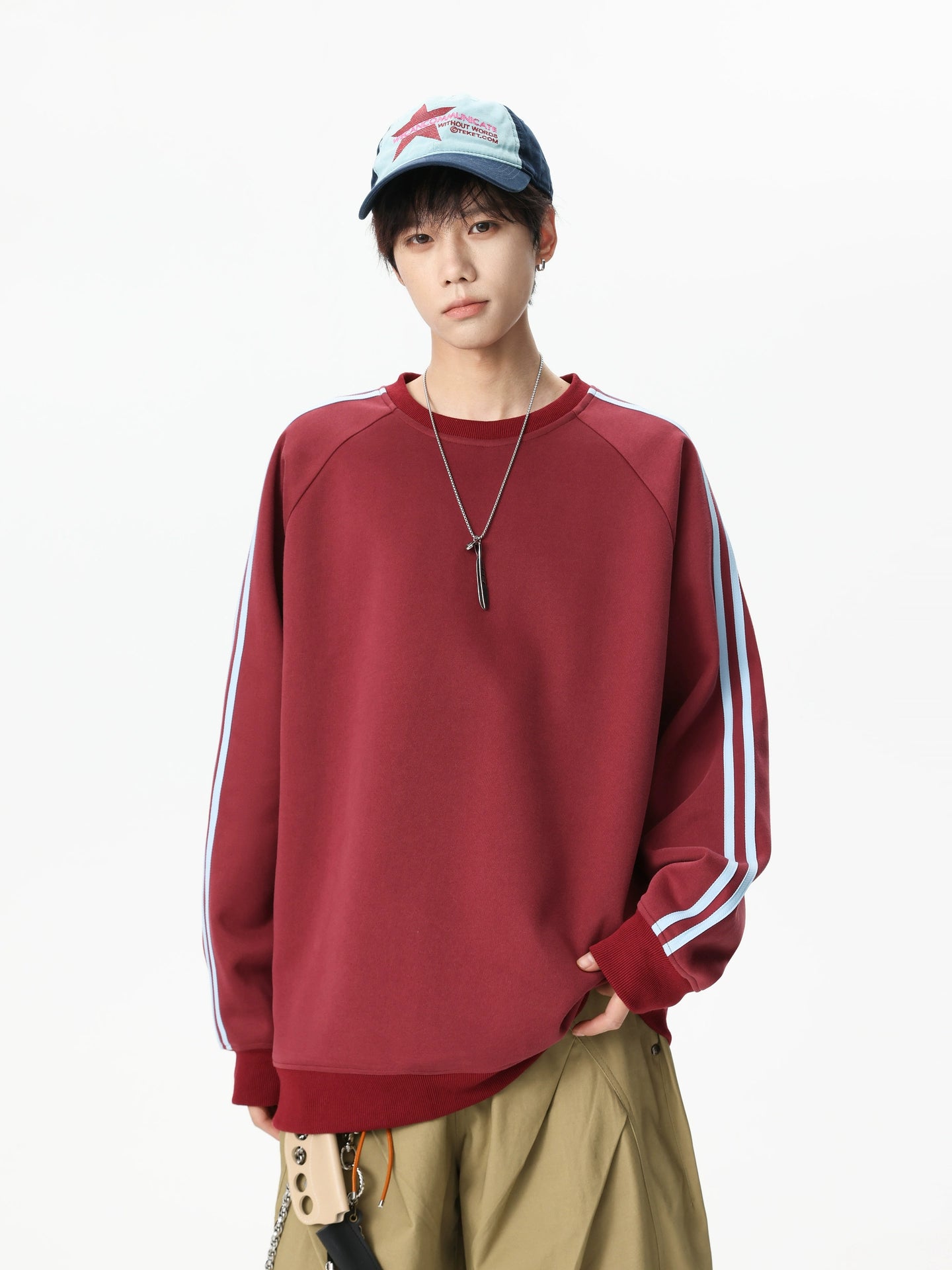 Çizgili Kol Crewneck Bol Kesim Sweatshirt 