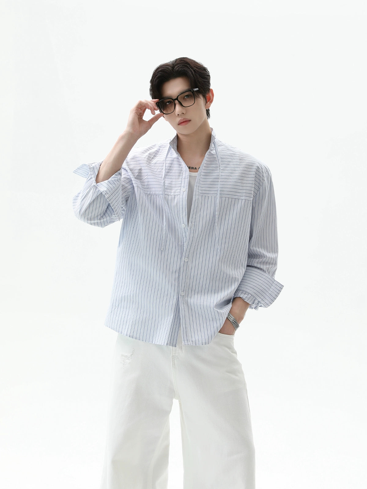 Striped Stand Collar Long Sleeve Shirt