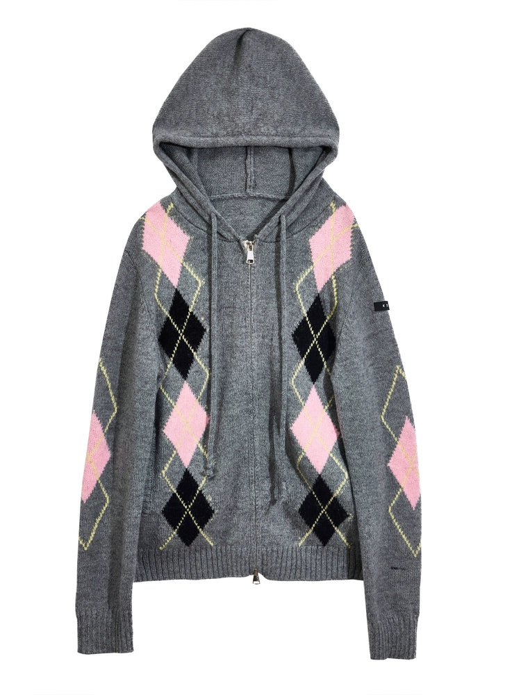 Gilet à capuche en tricot à motif losange 