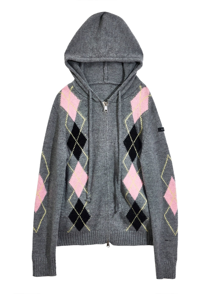 Gilet à capuche en tricot à motif losange 