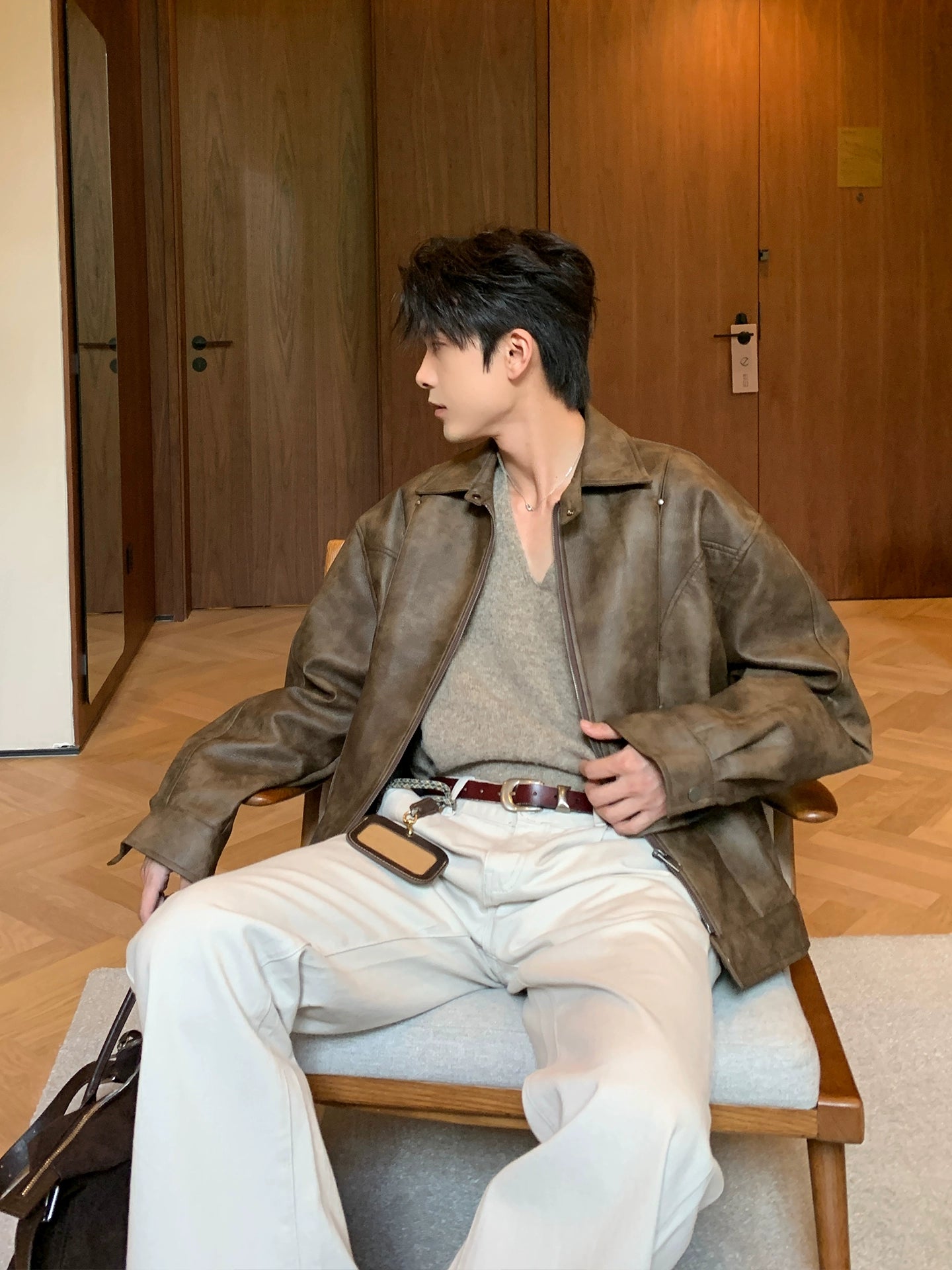 Retro Lychee Deri Ceket Oversize Fit 