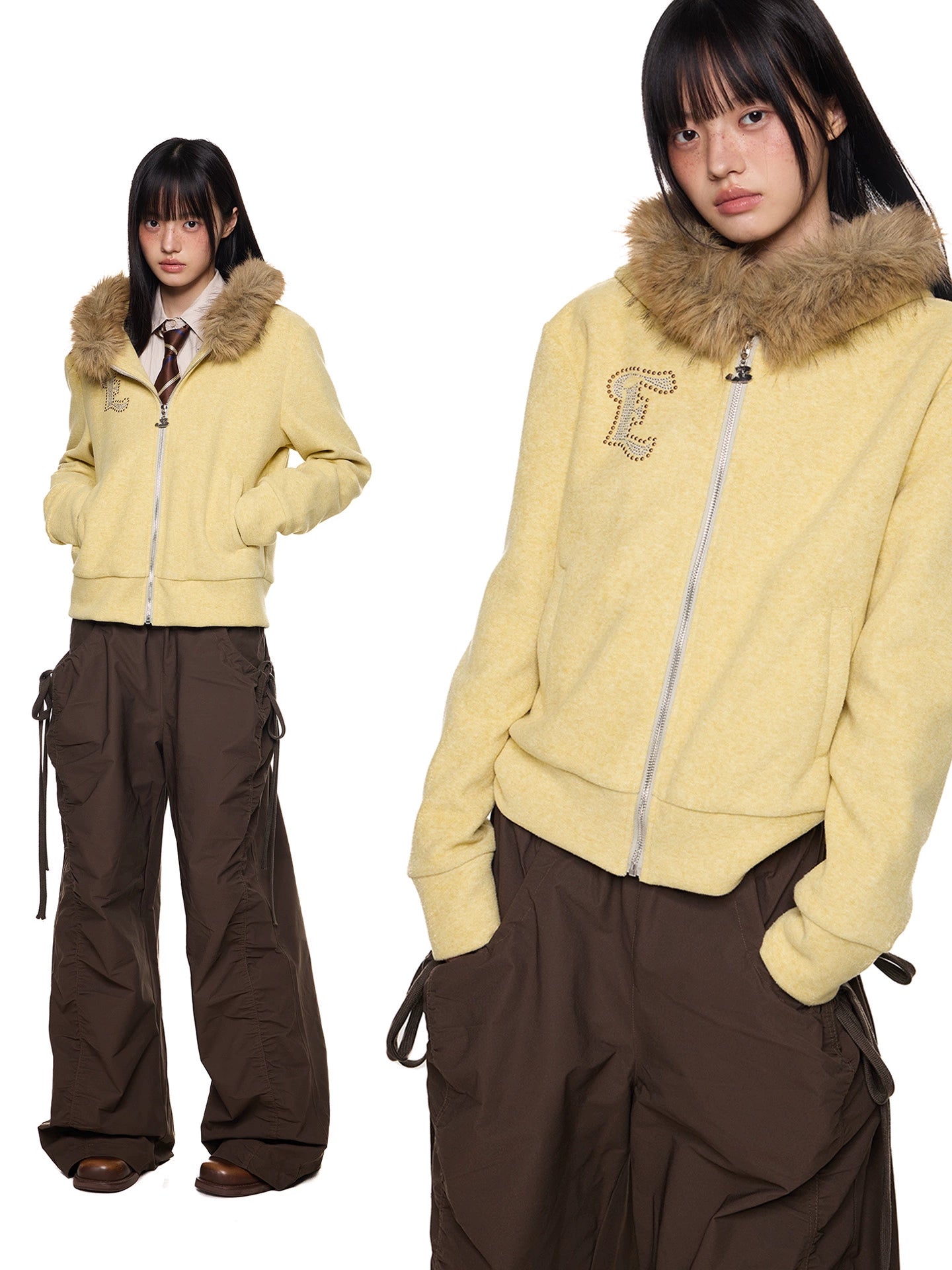 سترة كارديجان بقلنسوة مع ياقة من الفرو الصناعي 