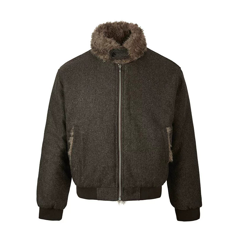 Quiltad ull bomberjacka med pälskrage 