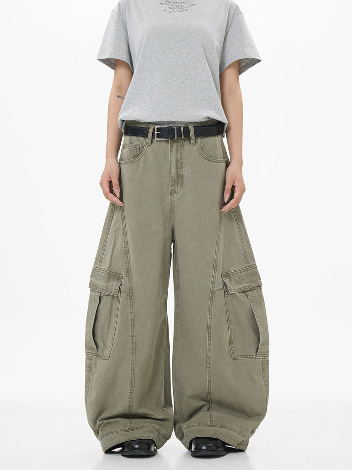 Distressed Multi-Pocket Wide-Leg Cargo Pants