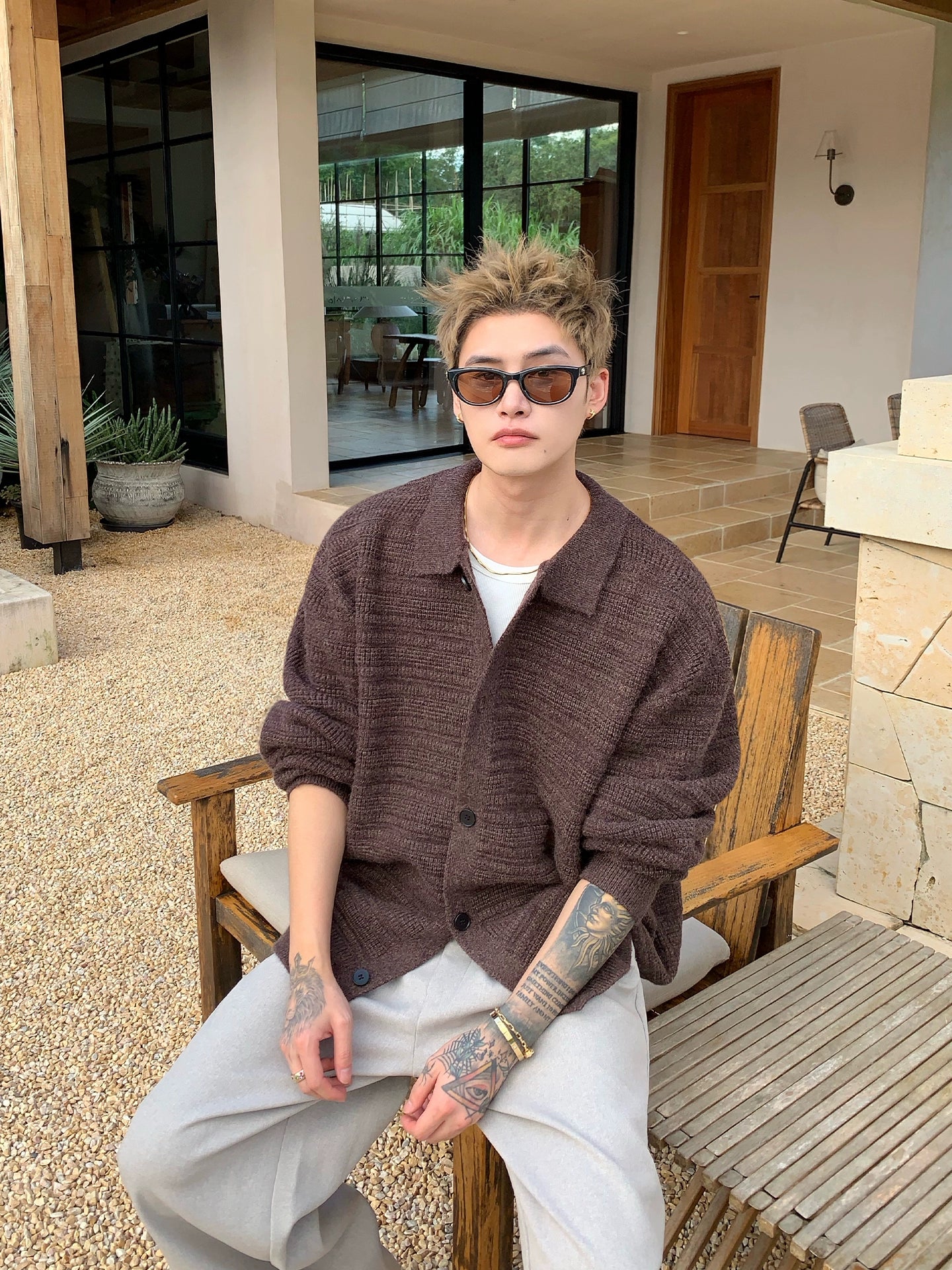 Yaka Örgü Düğmeli Rahat Hırka Kazak 