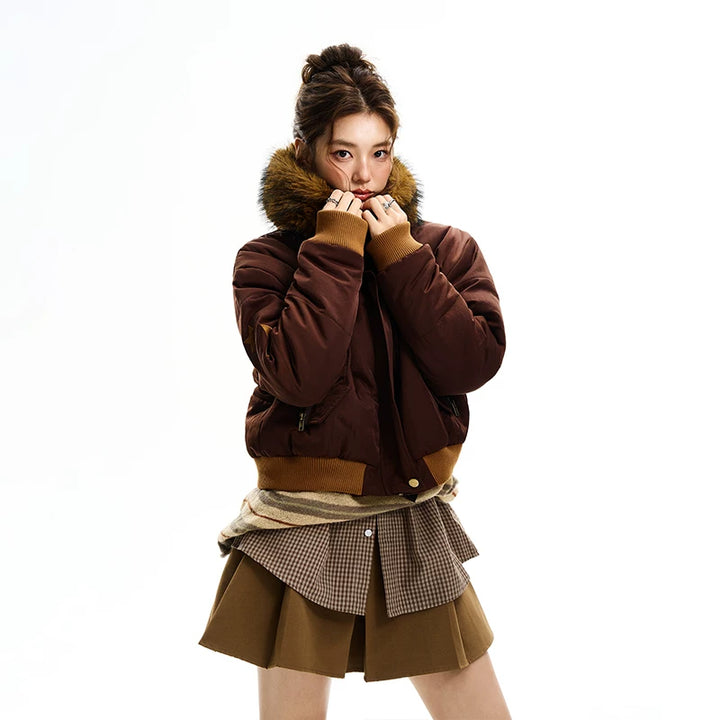 Fuskepels-krage hettejakke med fleecefôr 