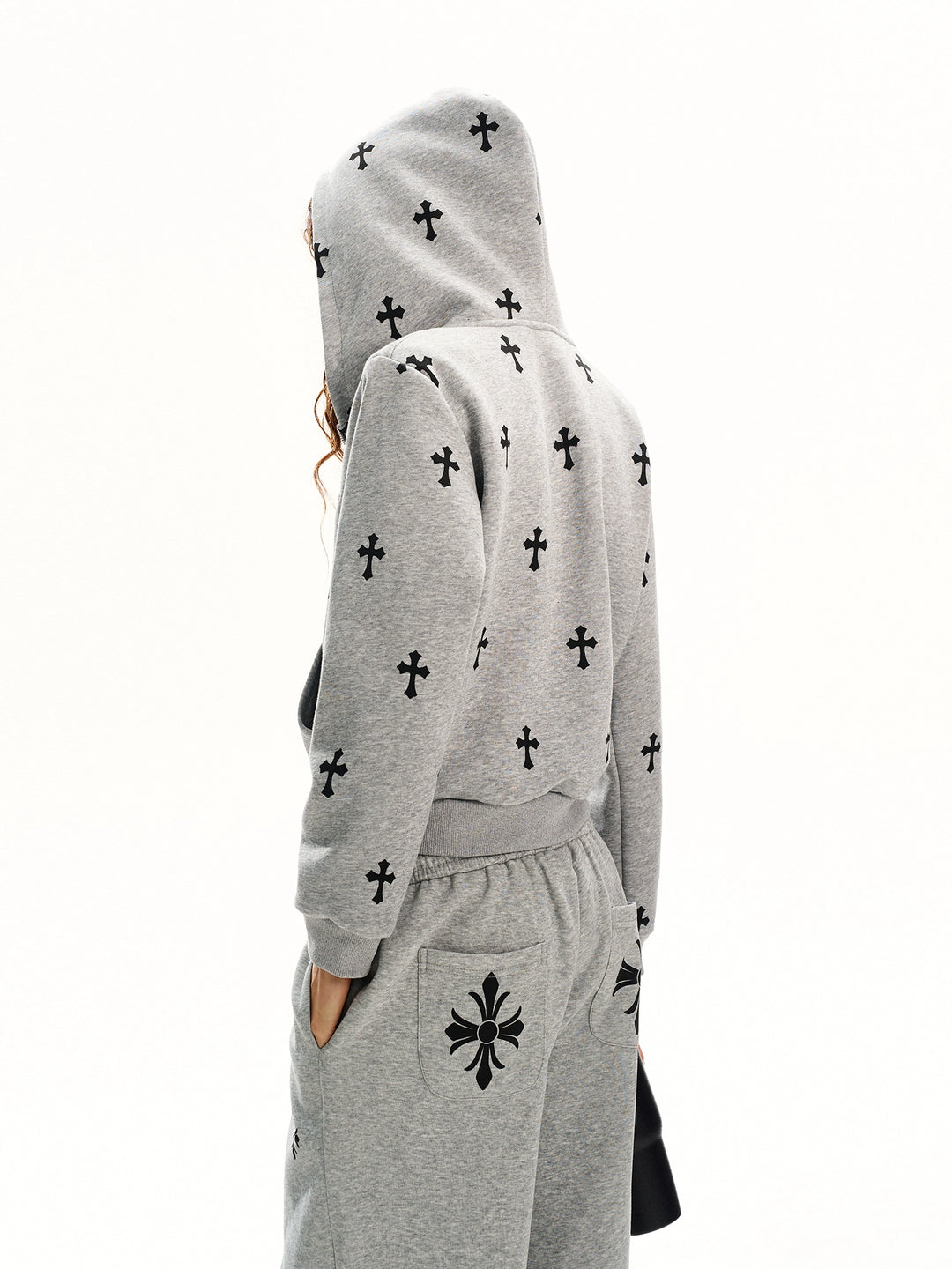 Gothic Cross Print Zip Hoodie