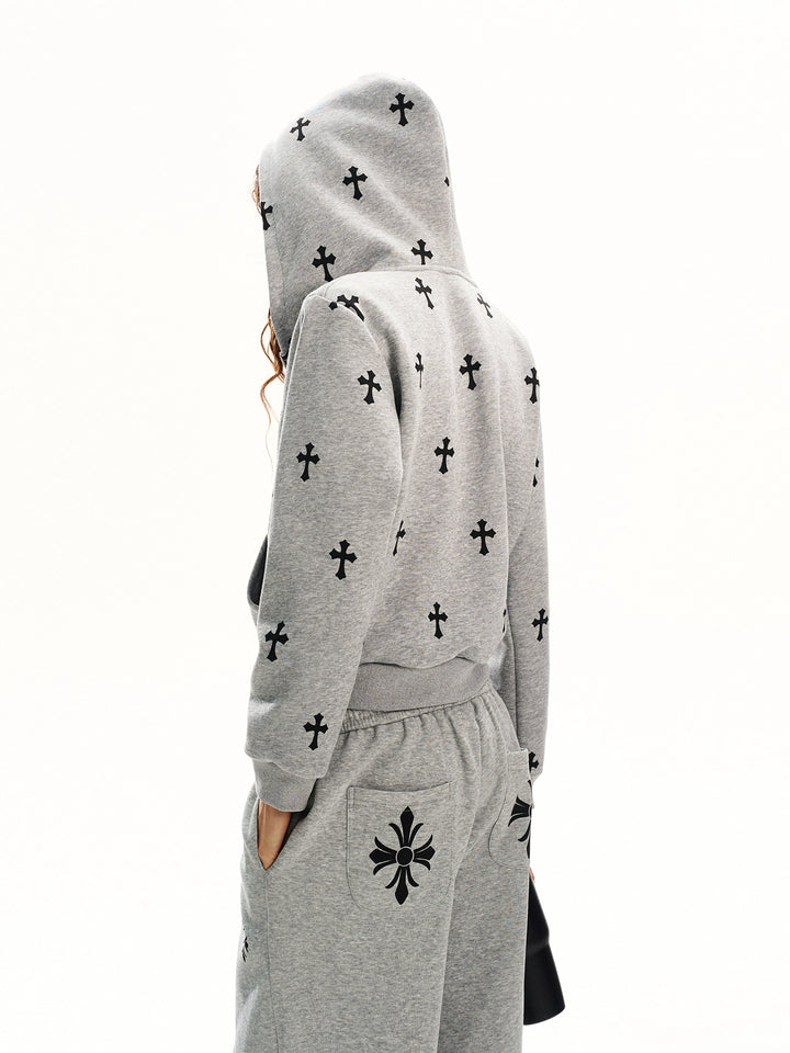 Gothic Cross Print Zip Hoodie