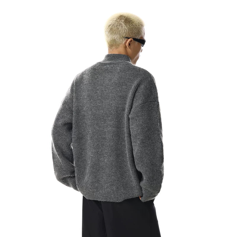 スタンドアップカラーのニットジップカーディガンセーター 