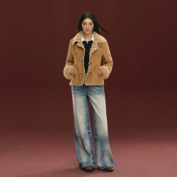 Retro Wide Leg Denim Pants (No Belt Included）