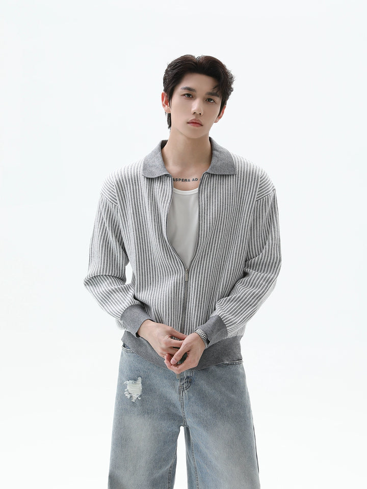 Striped Knit Double Zipper Lapel Cardigan