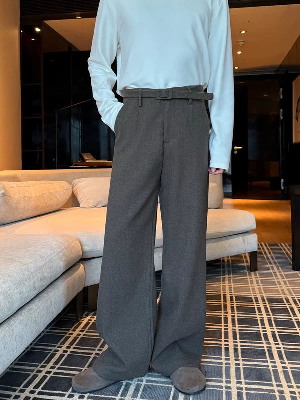 سروال فستان من الصوف مزود بحزام واسع الساقين 