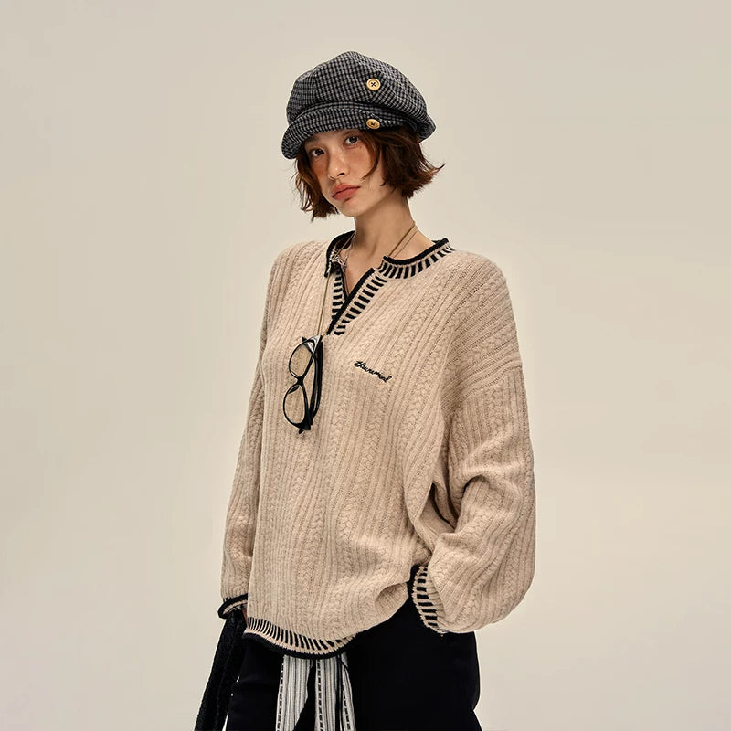 Retro Strikket V-hals Genser Pullover 