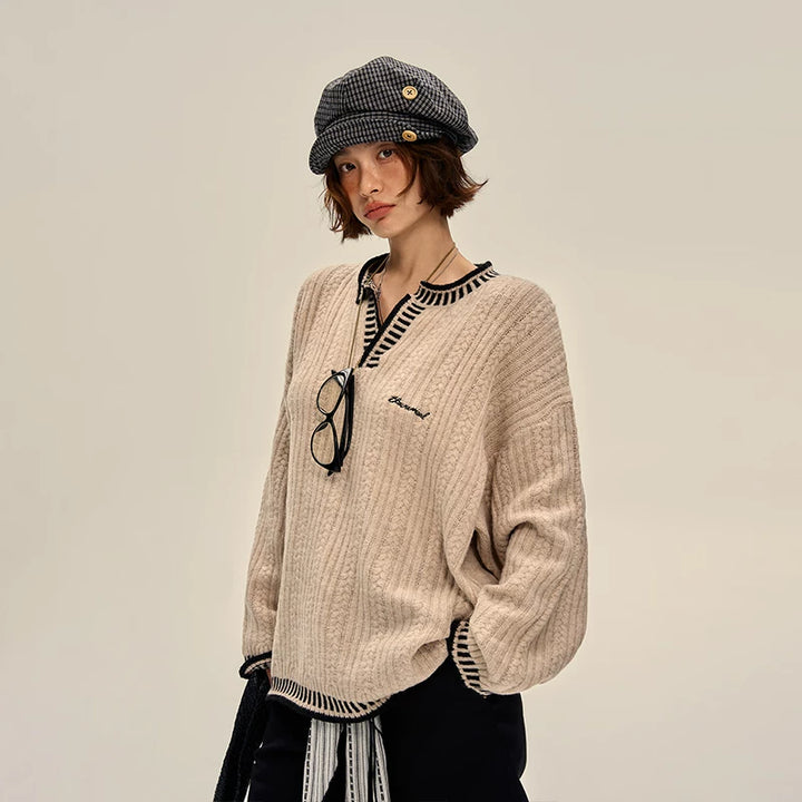 Retro Strikket V-hals Genser Pullover 